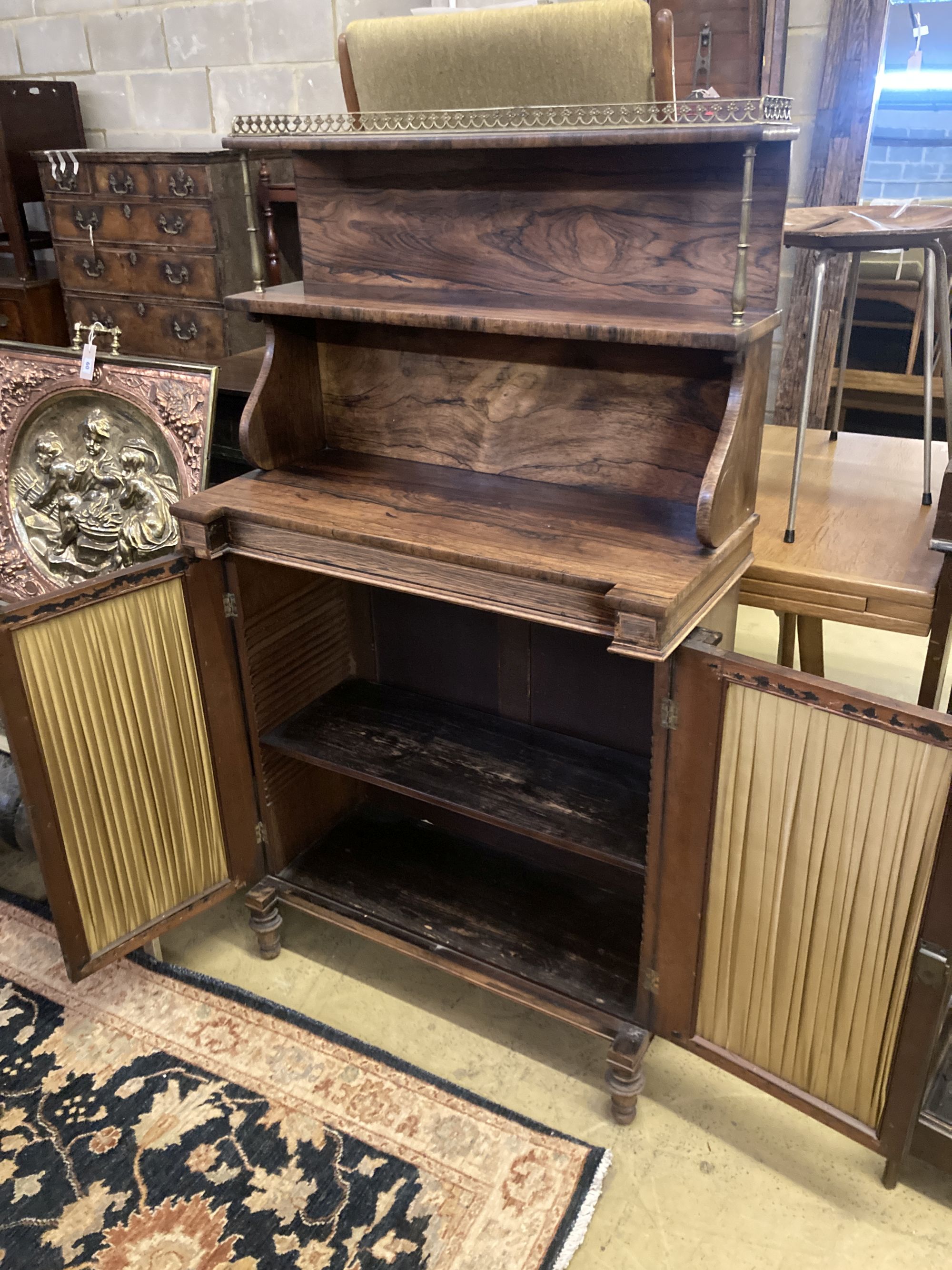 An early 19th century rosewood chiffonier fitted two-tier superstructure, width 79cm depth 36cm height 142cm